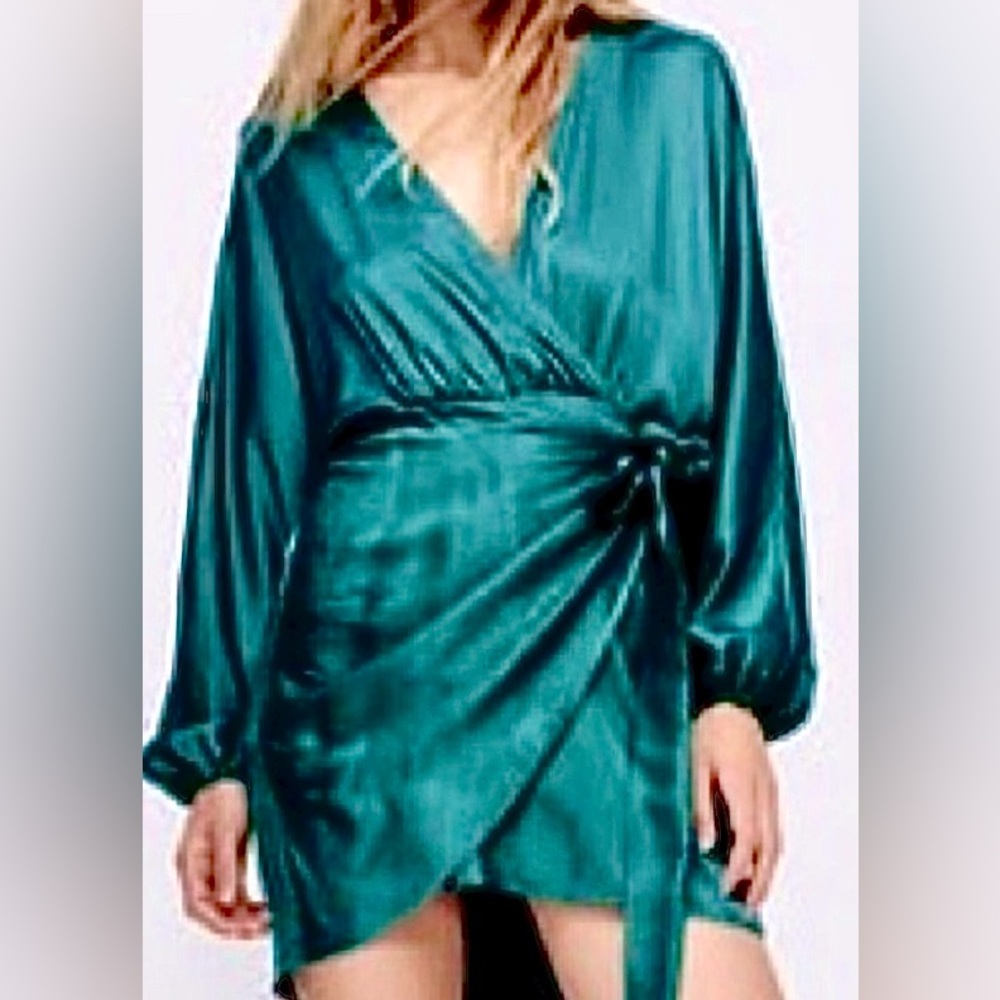 Zara Satin Green Wrap Dress NWT